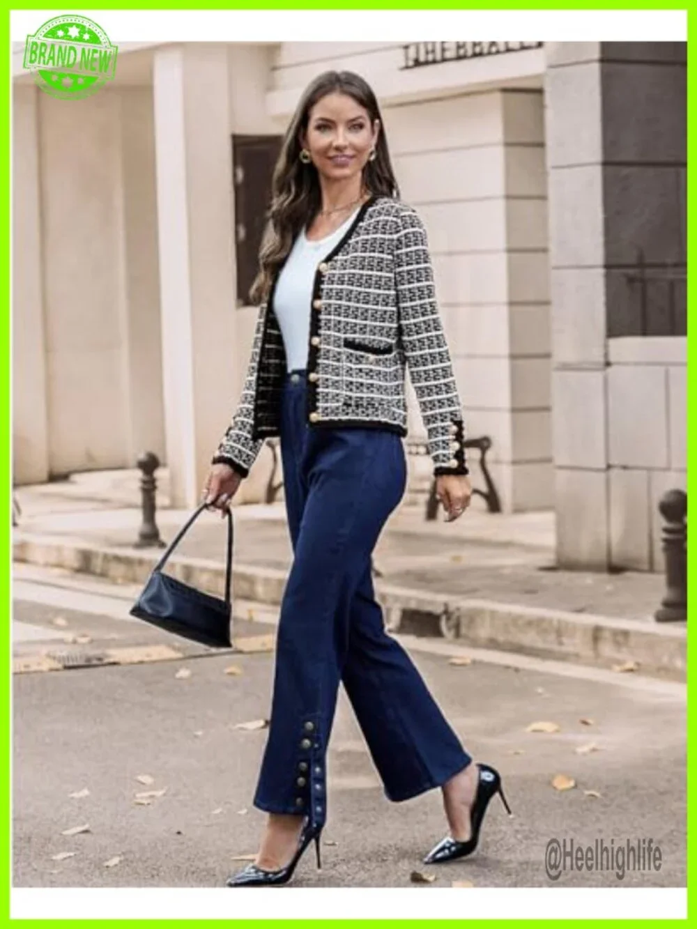 Tweed Pattern V Neck Cardigan Sweater Blazer with Pockets